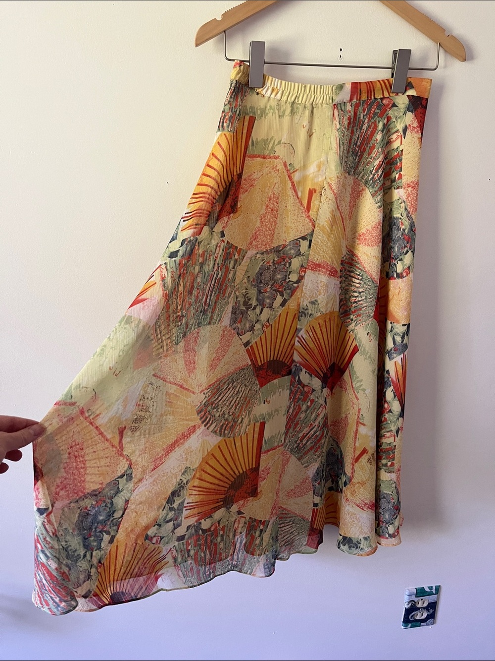 Bohemian Printed Maxi Skirt in Yellow and Orange w/ Japanese fans Size XS - Picture 2 of 7